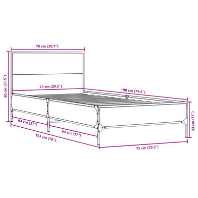 vidaXL Posteljni okvir siva sonoma 75x190 cm inženirski les in kovina