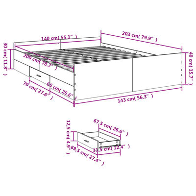 vidaXL Posteljni okvir s predali dimljen hrast 140x200 cm inž. les