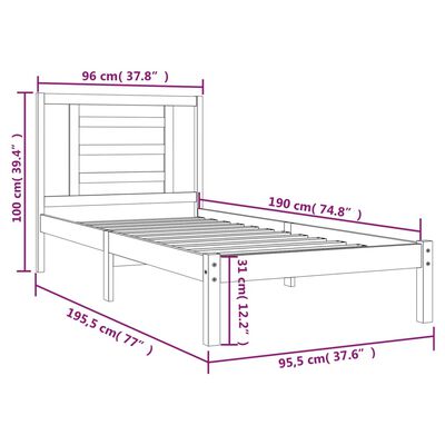 vidaXL Posteljni okvir bel iz trdne borovine 90x190 cm