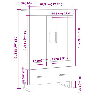 vidaXL Visoka omara betonsko siva 69,5x31x115 cm inženirski les