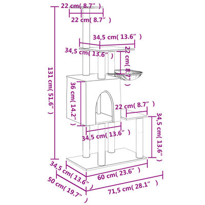 vidaXL Mačje drevo s praskalniki iz sisala krem 131 cm