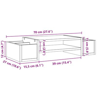 vidaXL Stojalo za zaslon s predelki dimljen hrast 70x27x15 cm inž. les