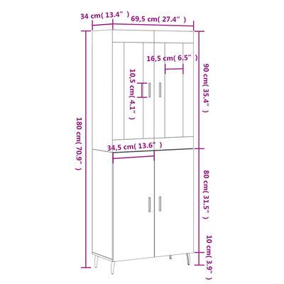 vidaXL Visoka komoda črna 69,5x34x180 cm inženirski les