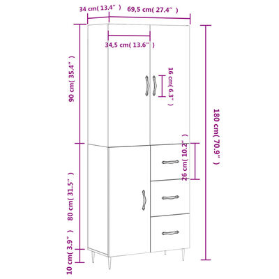 vidaXL Visoka komoda rjav hrast 69,5x34x180 cm inženirski les