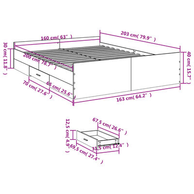 vidaXL Posteljni okvir s predali bel 160x200 cm inženirski les