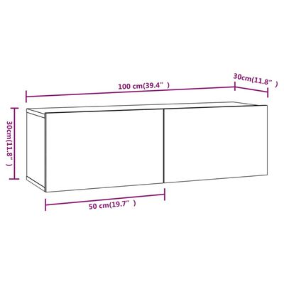 vidaXL Stenska TV omarica 2 kosa siva sonoma 100x30x30 cm inž. les