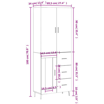 vidaXL Visoka komoda rjav hrast 69,5x34x180 cm inženirski les