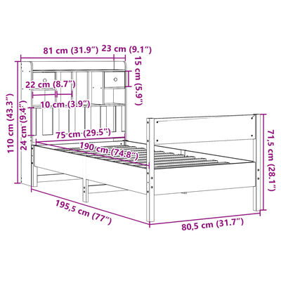 vidaXL Knjižna postelja brez vzmetnice vošč. rjava 75x190 cm borovina