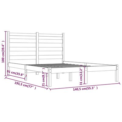 vidaXL Posteljni okvir črn iz trdne borovine 135x190 cm