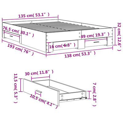 vidaXL Posteljni okvir s predali črn 135x190 cm inženirski les