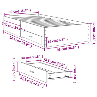 vidaXL Posteljni okvir s predali sonoma hrast 90x200 cm inženirski les