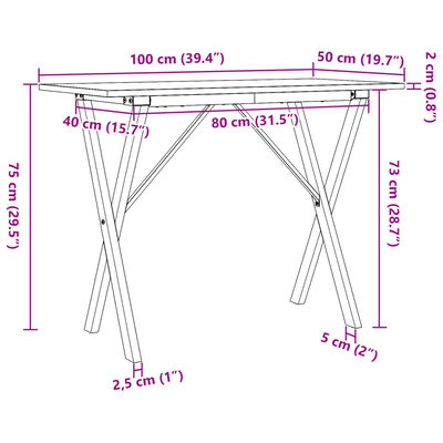 vidaXL Jedilna miza X okvir 100x50x75 cm trdna borovina lito železo