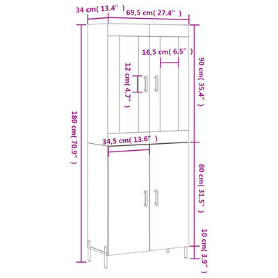 vidaXL Visoka omara bela 69,5x34x180 cm inženirski les