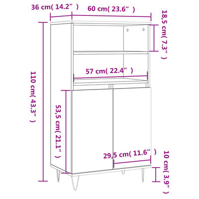 vidaXL Visoka omara visok sijaj bela 60x36x110 cm inženirski les