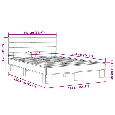 vidaXL Posteljni okvir siva sonoma 140x190 cm inž. les in kovina