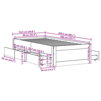 vidaXL Posteljni okvir brez vzmetnice s predali 90x200 cm borovina