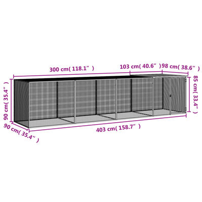 vidaXL Kokošnjak s streho svetlo sivo 403x98x90 cm pocinkano jeklo