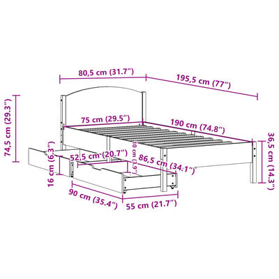 vidaXL Posteljni okvir brez vzmetnice 75x190 cm trdna borovina