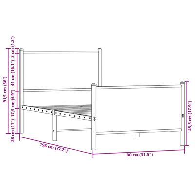 vidaXL Kovinski posteljni okvir brez vzmetnice dimljen hrast 75x190 cm