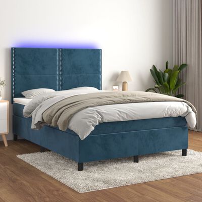 vidaXL Box spring postelja z vzmetnico LED temno modra 140x190cm žamet