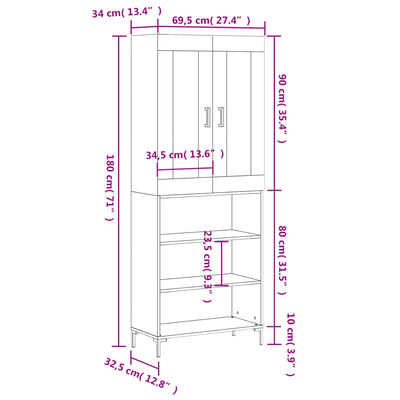 vidaXL Visoka omara bela 69,5x34x180 cm inženirski les