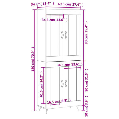 vidaXL Visoka komoda visok sijaj bela 69,5x34x180 cm inženirski les