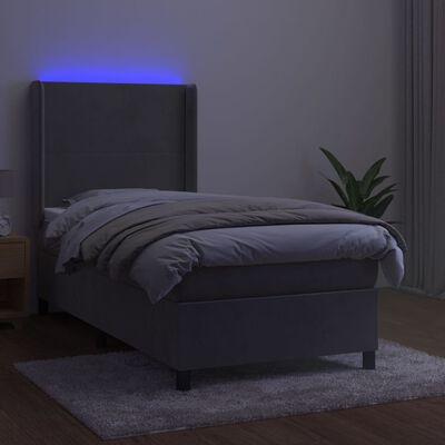 vidaXL Box spring postelja z vzmetnico LED svetlo siva 90x190cm žamet