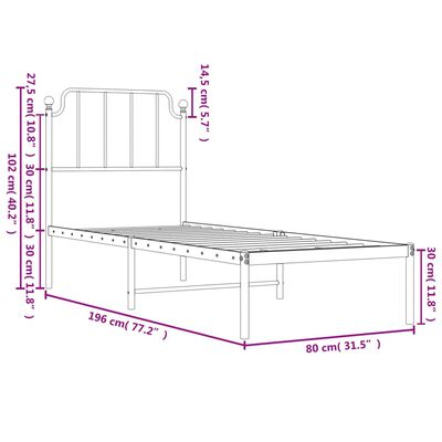 vidaXL Kovinski posteljni okvir brez vzmetnice z vzglavjem 75x190 cm