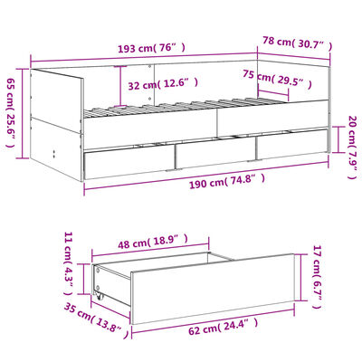 vidaXL Dnevna postelja s predali brez vzmetnice rjavi hrast 75x190 cm