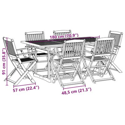 vidaXL Vrtna jedilna garnitura 7-delna 180x90x75 cm trden akacijev les