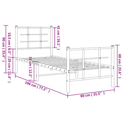 vidaXL Kovinski posteljni okvir z vzglavjem in vznožjem črn 75x190 cm