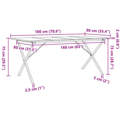 vidaXL Jedilna miza X okvir 180x90x75 cm trdna borovina lito železo