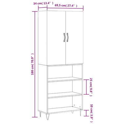 vidaXL Visoka komoda visok sijaj bela 69,5x34x180 cm inženirski les