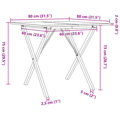 vidaXL Jedilna miza X okvir 80x80x75 cm trdna borovina lito železo