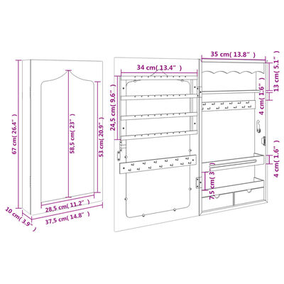 vidaXL Omarica za nakit z ogledalom stenska bela 37,5x10x67 cm