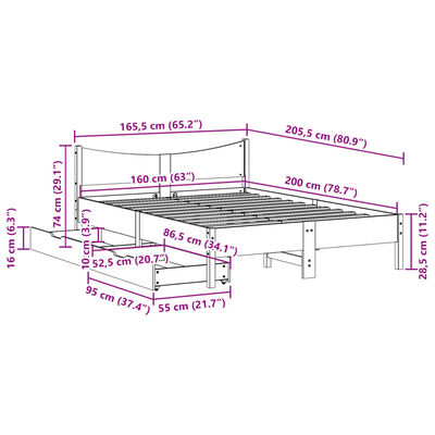 vidaXL Posteljni okvir s predali bel 160x200 cm trdna borovina