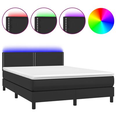 vidaXL Box spring postelja z vzmetnico LED črna 140x190 cm um. usnje