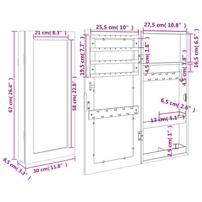 vidaXL Omarica za nakit z ogledalom stenska 30x8,5x67 cm