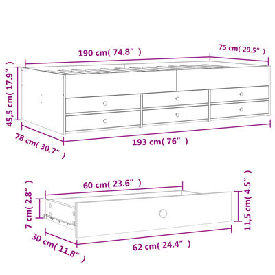 vidaXL Dnevna postelja s predali brez vzmetnice sonoma hrast 75x190 cm