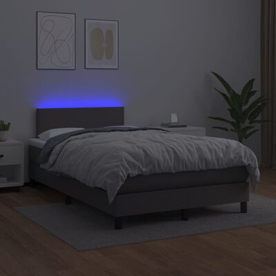 vidaXL Box spring postelja z vzmetnico LED siva 120x200cm umetno usnje