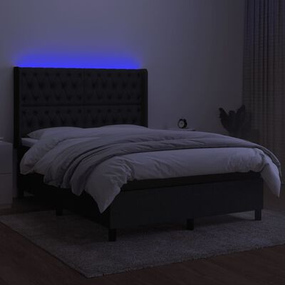 vidaXL Box spring postelja z vzmetnico LED črna 140x200 cm blago