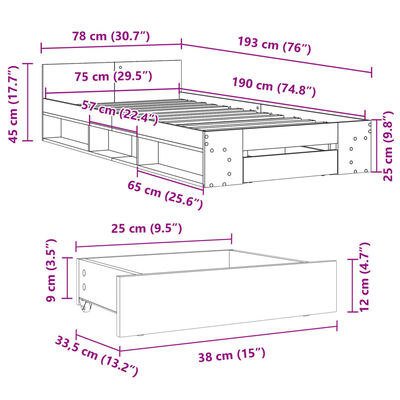 vidaXL Posteljni okvir s predalom rjavi hrast 75x190 cm inž. les