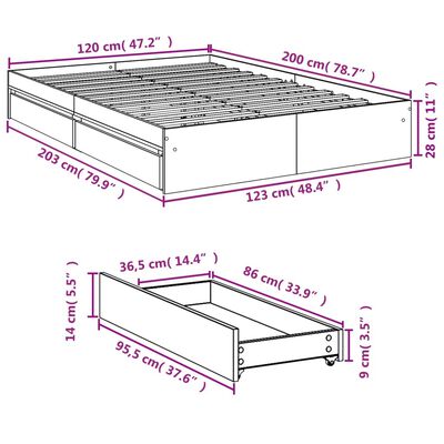 vidaXL Posteljni okvir s predali siva sonoma 120x200 cm inženirski les