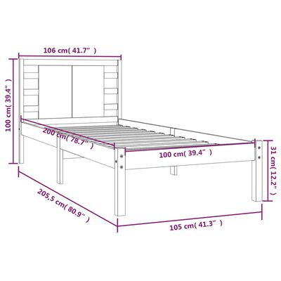 vidaXL Posteljni okvir brez vzmetnice bel 100x200 cm trdna borovina