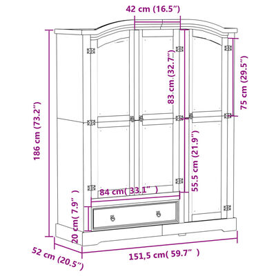 vidaXL Garderobna omara Corona bela 151,5x52x186 cm trdna borovina