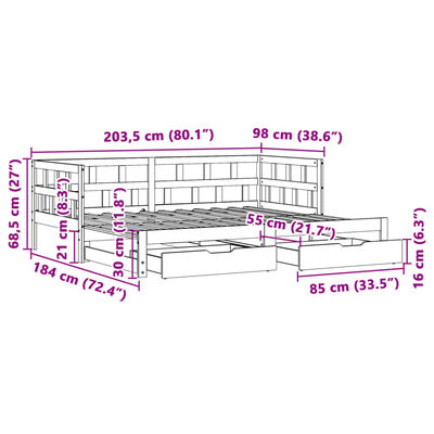 vidaXL Izvlečna dnevna postelja s predali 90x200 cm trdna borovina