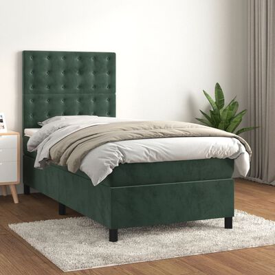 vidaXL Box spring postelja z vzmetnico temno zelena 90x200 cm žamet