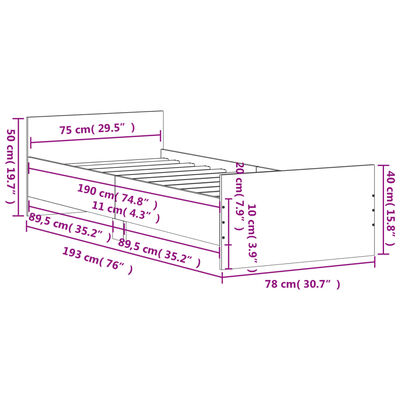 vidaXL Posteljni okvir brez vzmetnice hrast 75x190 cm inženirski les