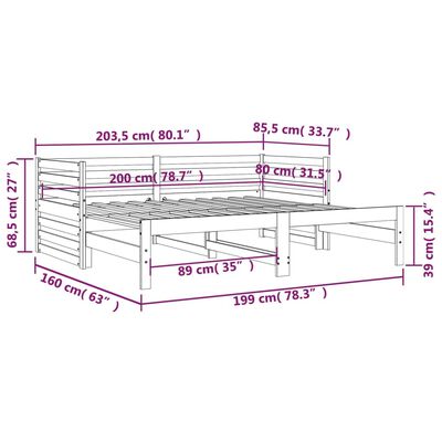 vidaXL Izvlečna dnevna postelja črna 2x(80x200) cm trdna borovina