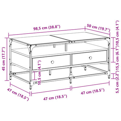 vidaXL Klubska mizica s steklom dimljeni hrast 98,5x50x45 cm jeklo